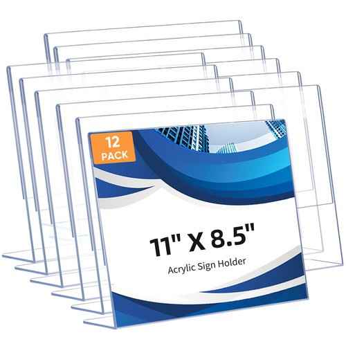 12 Pack L Shape Slanted Back 11x8.5 Plastic Sign Holders with Anti-Slip Pads, Business & Store Acrylic Tabletop Display Stand for Flyers, Menus, Documents, Price, Promotions, Wedding, Party Decoration