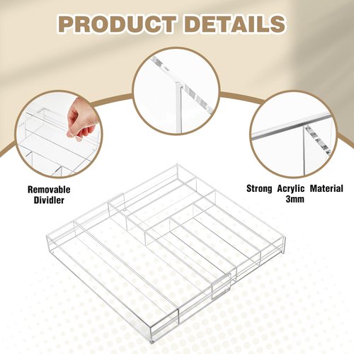 Briwooody Acrylic Drawer Organizer Maximum 15 x 18 x 2 Inch Expandable Drawer Organizer Pens Notebook Ruler Makeup Tray with 7 Adjustable Compartments for Desk Office Kitchen Bathroom(Clear)