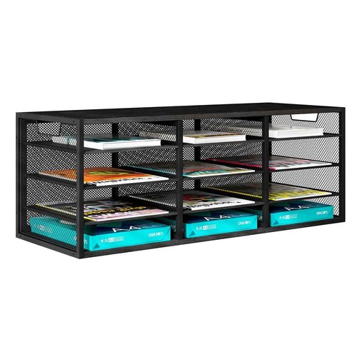 PAG Desktop Mail Sorter, Industrial Countertop Heavy Duty Literature Organizer, Student Mailbox for Classroom, Bill Paper Holder Rack for Office Home School, 12 Compartments, Black