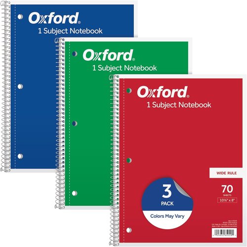 Oxford 1-Subject Notebooks - Wide Rule Paper, 70 Sheets, 3-Pack in Assorted Colors (Red, Blue, Green)