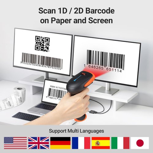 Tera Barcode Scanner Wireless 1D 2D QR with Stand: Battery Level Indicator 3 in 1 Works with Bluetooth 2.4G Wireless USB Wired Handheld Bar Code Reader with Vibration Alert HW0002 Orange