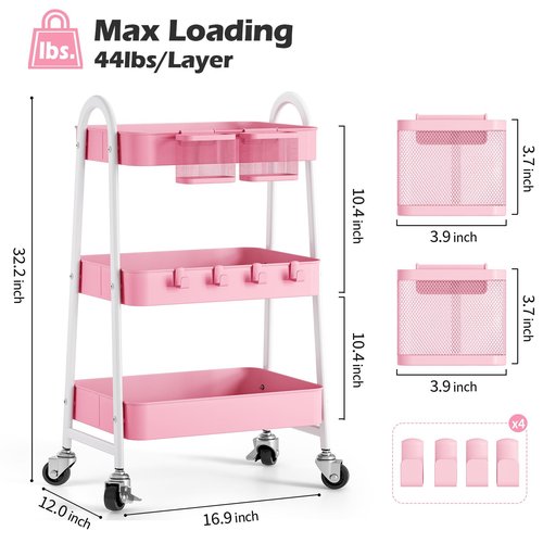 KINGRACK 3 Tier Metal Utility Rolling Cart, Rolling Storage Cart, Craft Art Cart with Handle and Locking Wheels & 2 Hanging Baskets 4 Hooks for Bathroom, Bedroom (Pure Pink with Basket and Hooks)