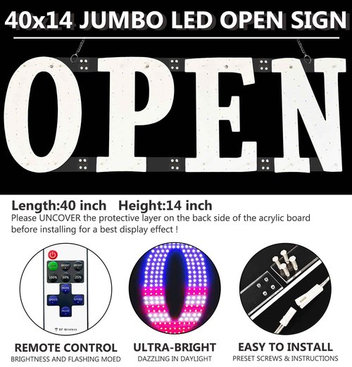 Open Signs for Business,40x14 inch USA Flag Open Sign Led for Window Wall Door w/Remote Control Bar Cafe Salon Barber Resturant Retail Store
