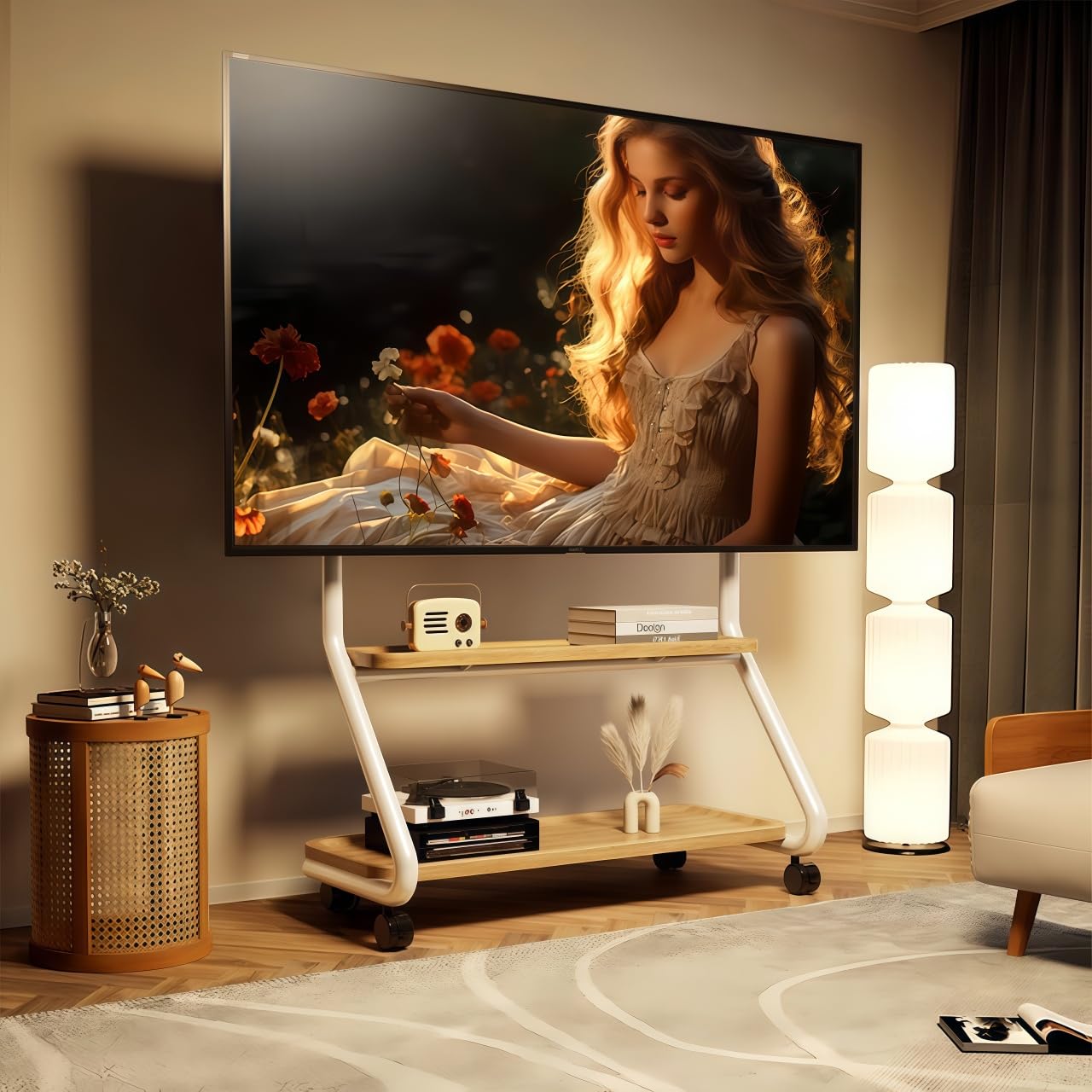 Hovadova Easel Rolling TV Stand with Wheels - 32"-75" TVs, Heavy Duty Floor TV Mount with 2-Tier Storage Shelf & Hole Platform, 110lbs Capacity for Living Room/Bedroom