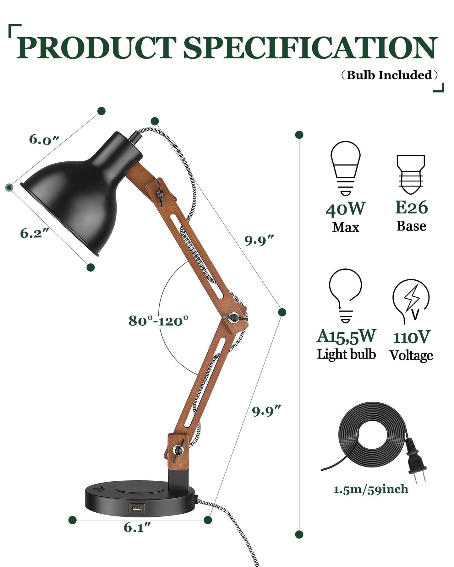 ELYONA Modern Sapele Wood Desk Lamp with Upgraded Wireless Charger & USB C Charging Port Swing Arm Table Lamp Bedside Reading Task Light for Dorm Office Bedroom Living Room LED Bulb Included Black