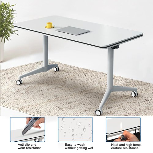 Conference Room Tables, Folding Conference Table, White Flip Top Mobile Training Tables with Wheels, Large Conference Seminar Table for Office Meeting Room (6Pcs 47.2”)