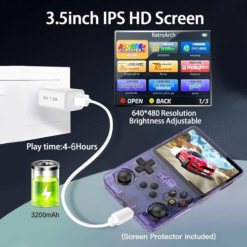 R36s Portable Retro Handheld Game Console - 20,000+ Games, 12+ Emulators, 3.5-Inch IPS Screen | Clear Purple