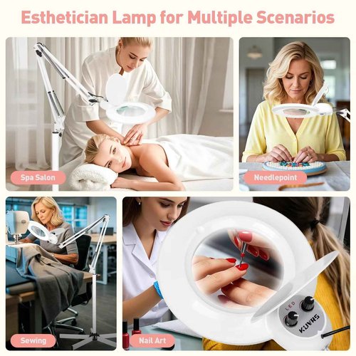 KUVRS 10X Magnifying Floor Lamp with Light, 5 Wheel Rolling Base Esthetician Light, 2200 Lumens Infinite Warm & Cold Dimming LED Magnifier, Standing Mag Lamp for Sewing Drawing Crafts Facial Nail
