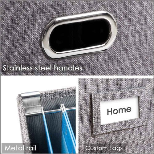 PRANDOM File Organizer Box - Set of 4 Collapsible Decorative Linen Filing Storage Hanging File Folders with Lids Office Cabinet Letter/Legal Size Grey 17.1x14x11.1 inch