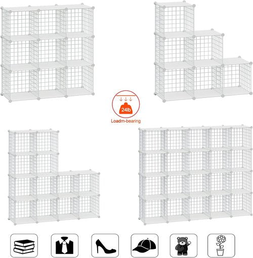 Hubson Wire Cube Storage Organizer - Versatile 20-Cube Metal Grid Shelf for Books, Toys, Crafts & Plants - White