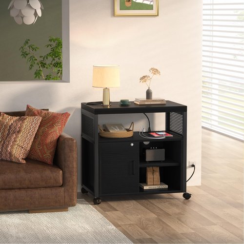 Unikito Lateral File Cabinet, Locking Office Filing Cabinets with Socket and USB Charging Port, Modern Rolling Printer Stand with Storage for A4, Letter Size and File Folders, Black
