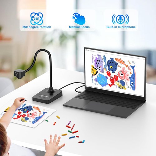 AlKOR USB Document Camera - Manual Focus Webcam with Mic | Foldable Design for Teaching & Distance Learning