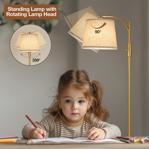AIDENOEY Fully Dimmable Floor Lamp for Living Room，Standing Lamp Rotary Switch with Table&Linen Beige Shade，Golden Tall Lamps for Bedroom with Adjust Head，9W LED Bulb Included