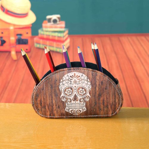 LINKWELL Remote Holder for Table, PU Leather TV Controller Holder with 5 Compartments, Remote Control Holder for Office Supplies, Wooden Look Sugar Skull Halloween Decor PH61
