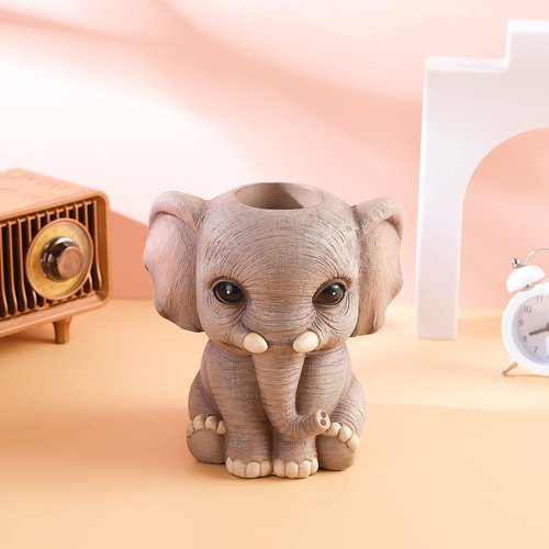 Cmrweio Elephant Pen Pencil Holder, Cute Animal Ornament Makeup Brush Holder Toothbrush Holder Home Office Desk Decor Organizer Accessory