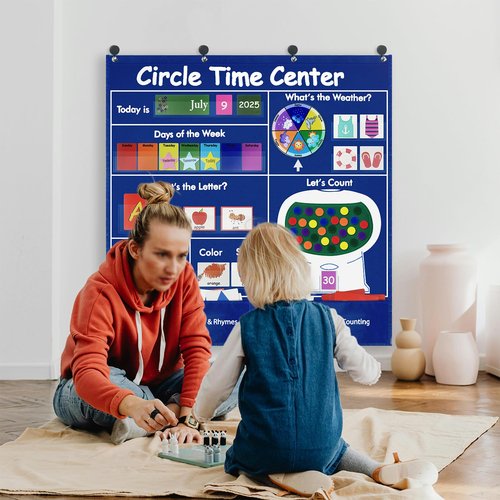Klyrith Circle Time Learning Center Classroom Pocket Chart, Educational Teaching Materials with Cards for Preschool, Learning Calendar Weather Letter Rhyme Color Shape Counting Number etc, Blue