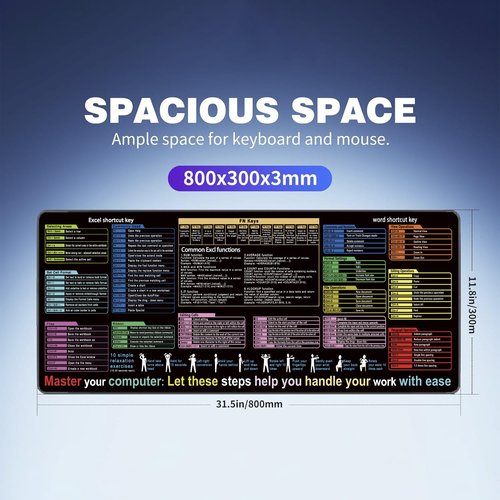 Non-Slip Office Desk Mat - Excel Efficiency Shortcuts Guide, Featuring Multiple Common Skills in Excel and Word. Also Serves as a Mouse pad and Keyboard pad (SZ-Ctr-A05, 31.5" x 11.8")