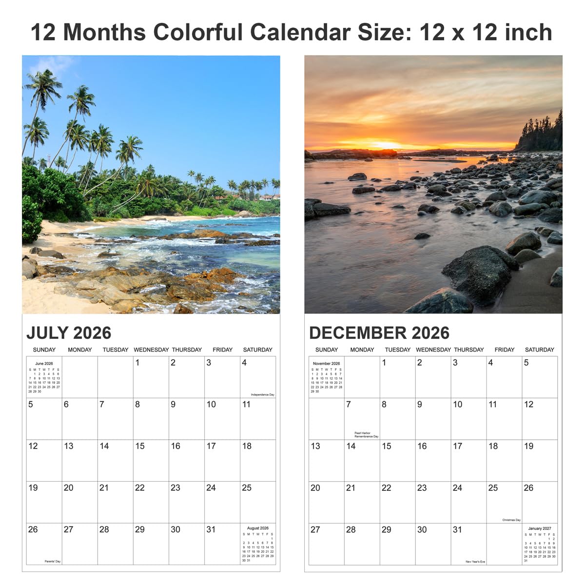 2026 Calendar for Wall, Calendar 2026 from January 2026 - December 2026, 12" x 24" Opened 12 Months Calendar, Full Page Months Thick & Sturdy Paper for Gift Perfect, Beaches