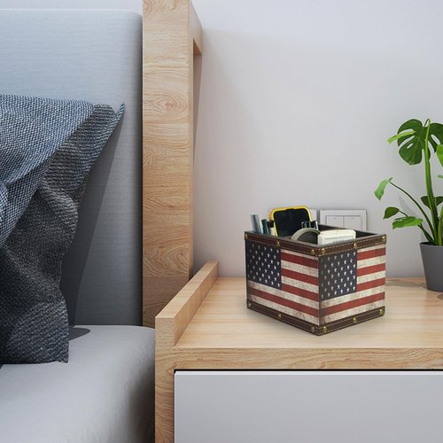 DreamsEden Wooden Remote Control Holder, Leather TV Caddy for Table, Decorative American Flag Organizer Storage Box for Home Office
