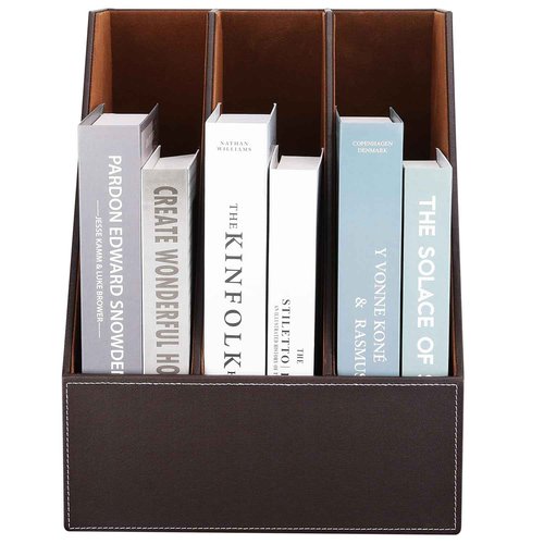 KINGFOM Desktop Wooden Leatherette Magazine File Holder-Organizer-3 Compartment Stand Rack-Papers Storage Box (brown)