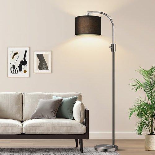 【Upgraded】 Dimmable Floor Lamp, 1200 Lumens LED Bulb Included, Brushed Nickel Arc Floor Lamps for Living Room Modern Standing Lamp with Black Shade, Tall Lamp for Living Room Bedroom Office Office