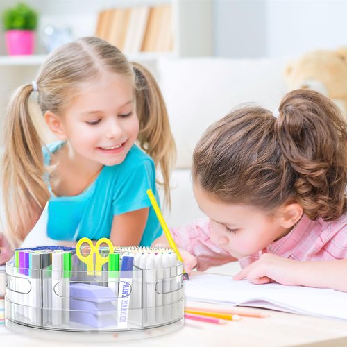 Chemlliy Acrylic Marker Organizer, 360 Degree Rotating Pencil Organizer with 7 Removable Compartments, Clear Crayon Organizers for Kids, Large Pencil Holder Desk for Office Home School