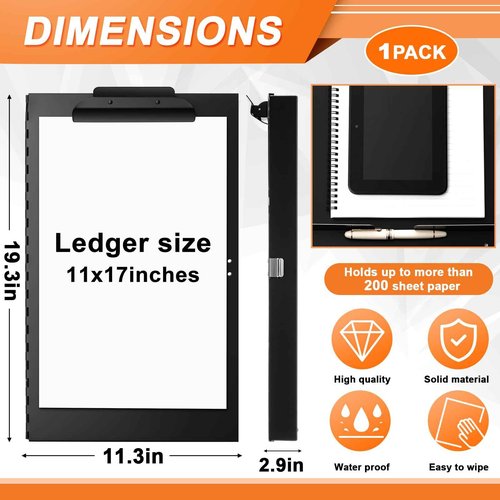 Chivertion 1 Pcs 11 x 17 Inch Aluminum Clipboard with Storage Metal Clipboard High Capacity Clip for Student Teacher Nurse, Black