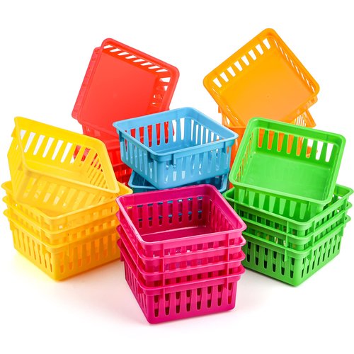 DEAYOU 24 Pack Classroom Storage Baskets, Small Plastic Organizer Basket, Colorful Square Mini Storage Trays, Crayon Pencil Container Bin Holder for Drawer, Desk, Home, Office, 5.3"L x 5.3"W x 2.4"H