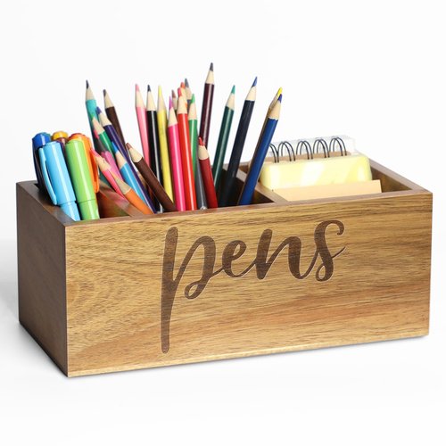 LBEMEY Acacia Wood Pen Holder, Desktop Pen Organizer,3 Compartment Pen and Pencil Holder, Desktop Organizer for Store Marker, Office Supplies, Makeup Brush, TV Remotes (Large)