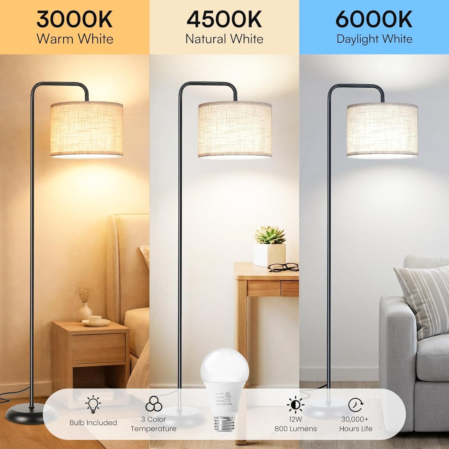 TJOY Floor Lamp - Modern ARC Design with 12W 3-Color Temperature Bulb | Stylish Black Metal for Living Room & Office