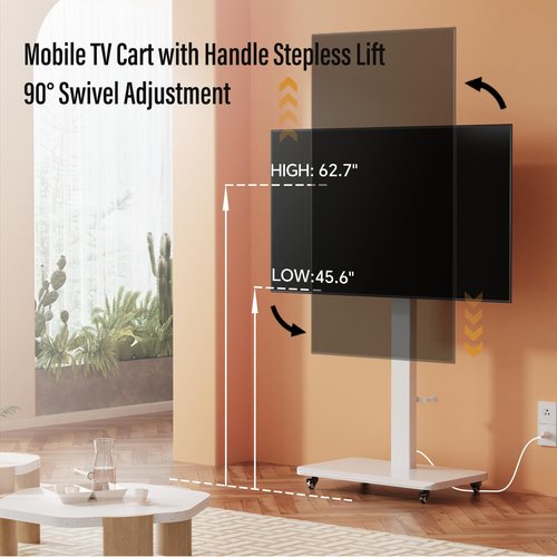 Mobile TV Stand with Power Outlet, Height Adjustable with Handle Stepless Lift,Rolling TV Stand for 32-75inch TVs with 90 Rotating,Portrait to Landscape,TV Cart with Wheels Holds up to 110lbs (White)