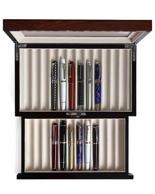 Besforu wood pen display case 24 slot Fountain pen Box storage Organizer with drawer, Top Glass Window Pen Collection Display Case
