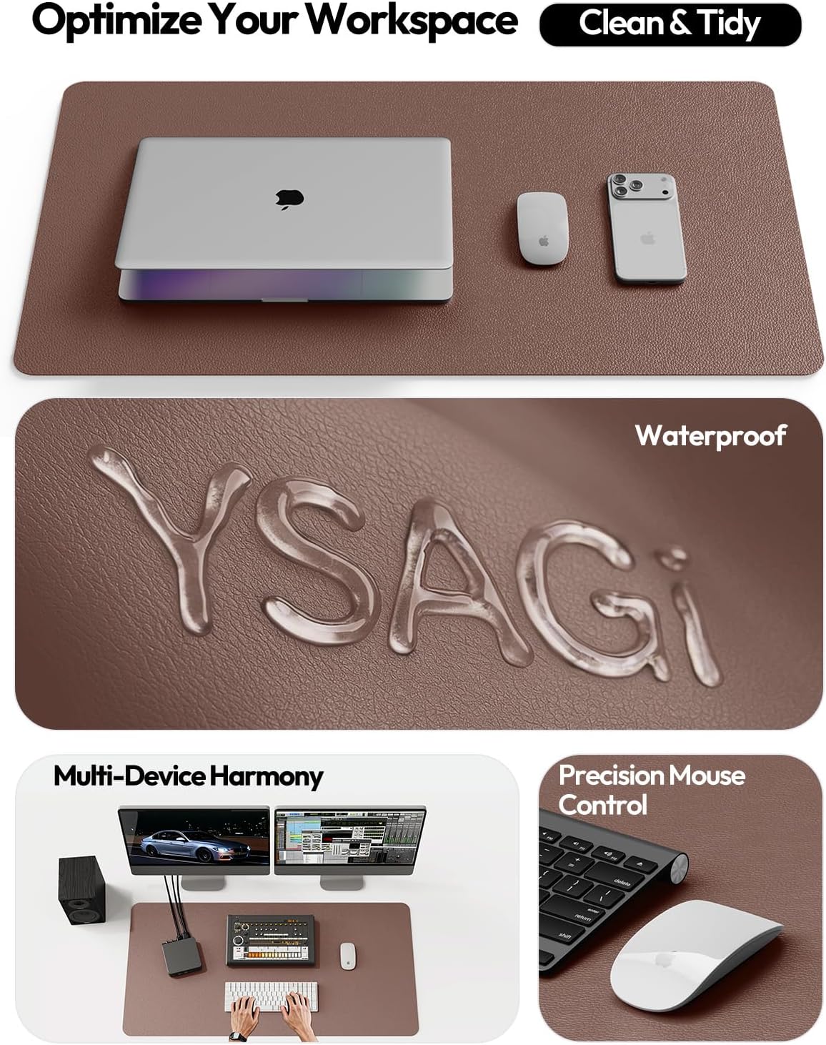 YSAGi Leather Desk Protector - Non-Slip PU Leather Office Mat | Large Waterproof Laptop Pad (Chocolate, 31.5" x 15.8")