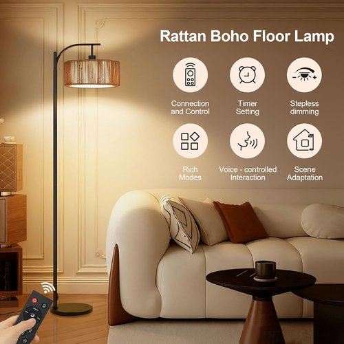 Boho Arc Floor Lamp - Dimmable RGB LED Rattan Design with Remote Control | Stylish Black Tall Lamp for Living Room & Bedroom