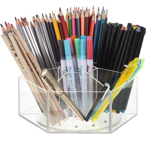 Zonon Acrylic Pen Holder Pencil Organizer 360 Degree Rotating Art Pencil Holder Organizer with 7 Compartments Acrylic Hexagon Pen Cup for Home Office Supplies(Clear)