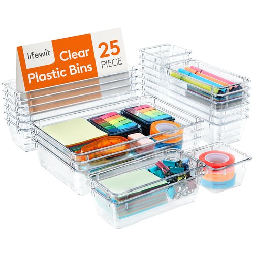 Lifewit Drawer Organizer 25PCS, 4 Sizes Clear Plastic Desk Drawer Dividers, Storage Separation Bins for Make Up, Kitchen Utensils, Vanity Accessories in Office/Bathroom/Bedroom Organization