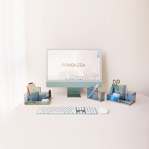 FONDAZZA Set of 2 Gold Desk Organizers for Home Office Supplies, Gold Brass and Blue Glass, 1 Each of Rectangle and Triangle Organizer, Storage for Stationery, Cosmetic, Makeup Tools and Brush.