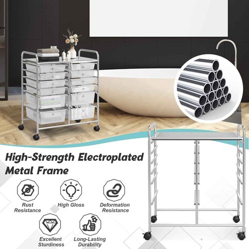OFFICEJOY Storage Cart, 12 Drawer Rolling Organizer Cart with Large Capacity, Portable Carrying Handle & Lockable Wheels, Utility Cart for Tool Home Office School Beauty Salon Art Craft (White)