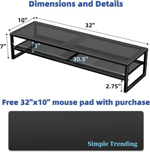 Simple Trending 2-Tier Metal Dual Monitor Stand - Includes 32"x10" Mouse Pad | Black Computer Desk Organizer