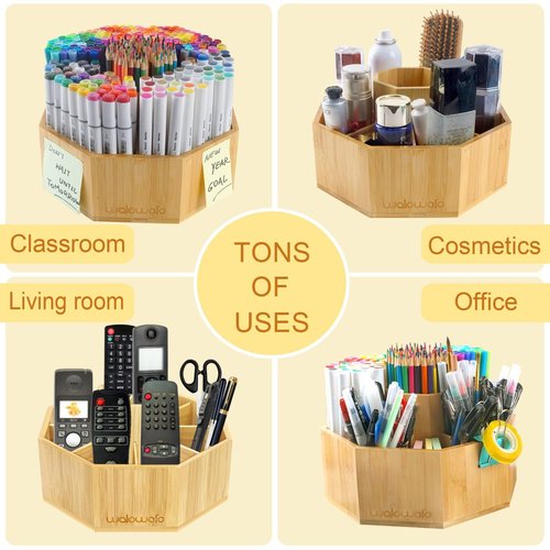 walowalo Bamboo Rotating Art Supply Organizer Holds 800+ Pencils Spinning Crayon Marker Pen Holder for Desk Brush Storage for Office School Classroom Organization Stationary (Larger Version)