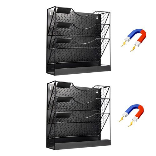 Magnetic File Holders, 4 Tier Magnetic Paper Holders for Office File Cabinet,Refrigerator, Whiteboard, No Drilling Installation Magnetic Mail Holder Basket Storage Folder Holder,2pack