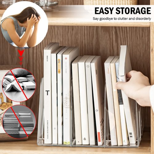 Lunmore Clear Desktop Book Organizer, Creative Book Stand, Divider Bookshelf for Home School and Office, Non-Acrylic Stand Bookshelves (3 Sections), Transparent, Pack of 2