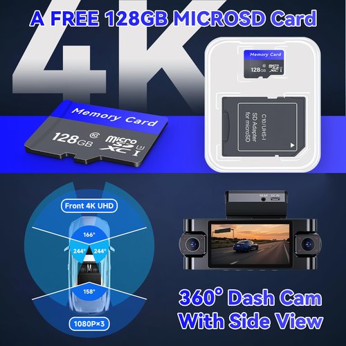 4 Channel Dash Cam 360° View,4K Front Rear Inside Dashcam,Left Right Dash Camera for Cars,Built-in GPS, 5G WiFi,Voice Control,Night Vision, 24/7 Recording Parking Mode Monitor, Free 128G Card