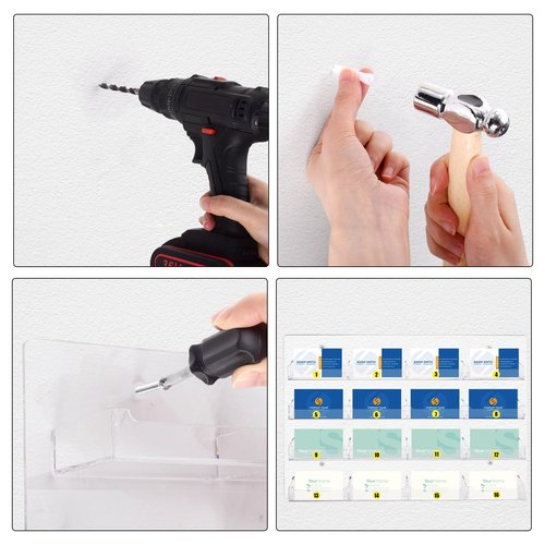 Hedume Acrylic Business Card Holder Wall Mount Clear Sticker Display Rack, 16 Pockets Marketing Holder, Multi Pocket Rack Organizer Space Saver for Home Office
