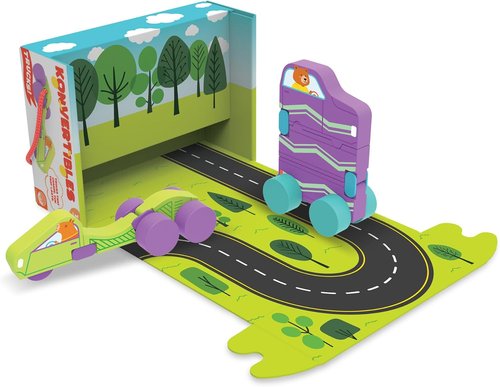 MindWare Konvertibles Transforming Wooden Trucks - 2-Piece Flip & Change Vehicle Set with Carry-Along Box for 3D Road Scene, Ideal Toddler Toy for Ages 18 Months+