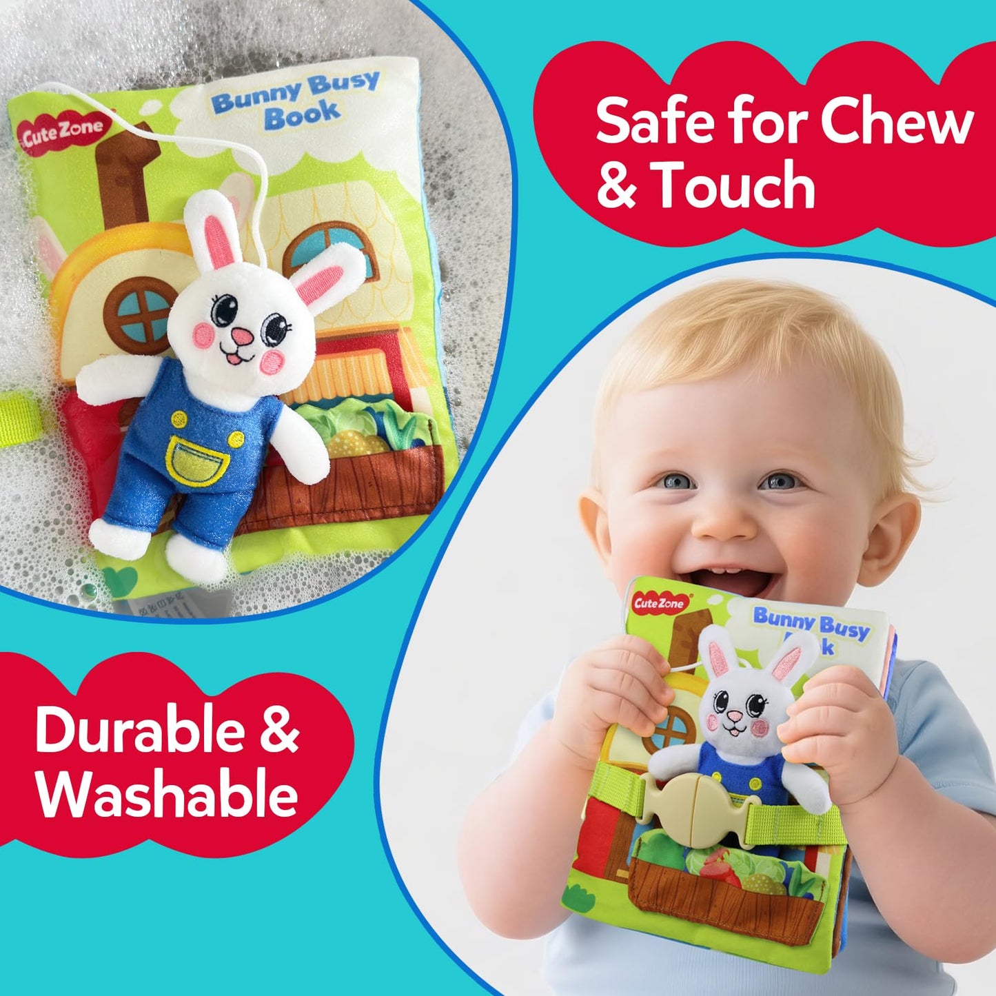 CuteZone Busy Book for Toddlers 1-3, Toddler Travel Toy and Montessori Quiet Book with Attached Bunny, 12 Fine Motor Activities Gifts for 1 Year Old Boys Girls Birthday Gift