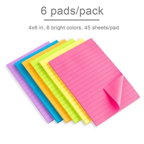 Lined Sticky Notes 4X6 in Bright Ruled Stickies Colorful Super Sticking Power Memo Pads, 45 Sheets/pad, 6 Pads/Pack