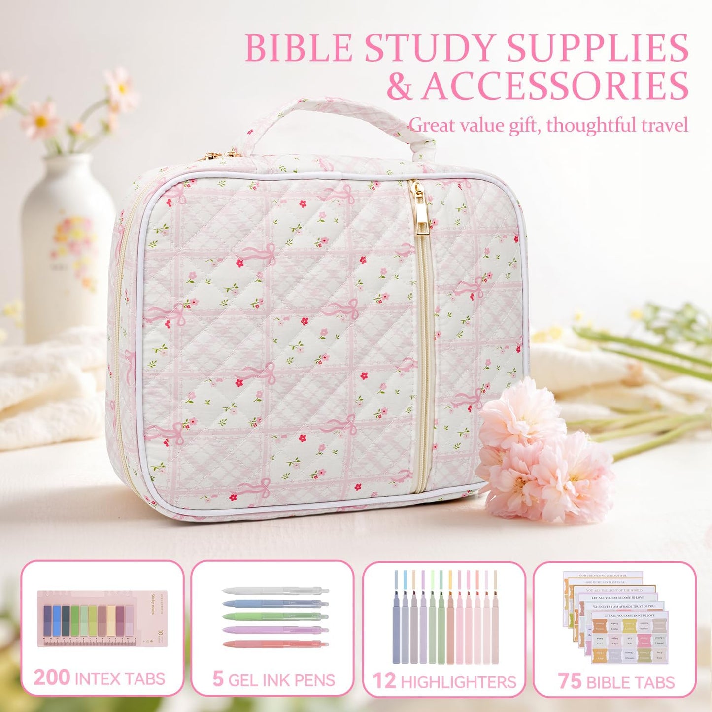 Skiennix Bible Cover Case - Large Quilted Carrying Bag with Handles | Pink Patchwork for Women