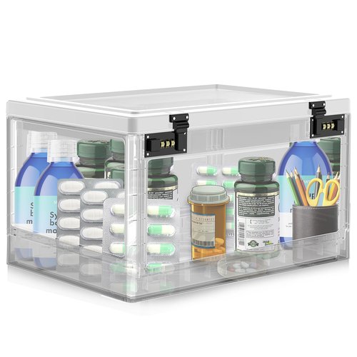 Extra Large Lock Box for Medication Safe, Medicine Lockable Storage Box with Code, Phone Lock Boxes for Video Games, Box with Combination Lock for Snacks/Food, Locking Cabinet for Home/Office (Clear)