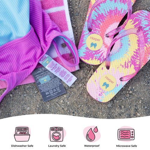 Mabel’s Labels Waterproof, Laundry-Safe Sleepaway Camp Label Pack – Laundry-Safe Kids' Name Labels That Peel and Stick to Clothing Care Tags – 112 lables and 2 Bag Tags - Crumple Tie Dye